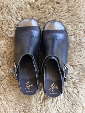 Needles by Troentorp Black Leather Clogs with Silver Toe Cap